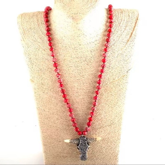 Bull Skull Long Knitted Pink Natural Stones Necklace FINE CRAFTMANSHIP - Picture 2 of 3